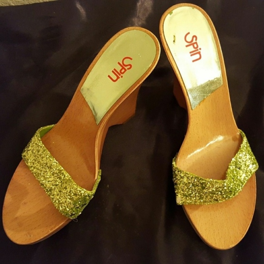 Sexy SPIN Brand New Green Glitter Mule Heels